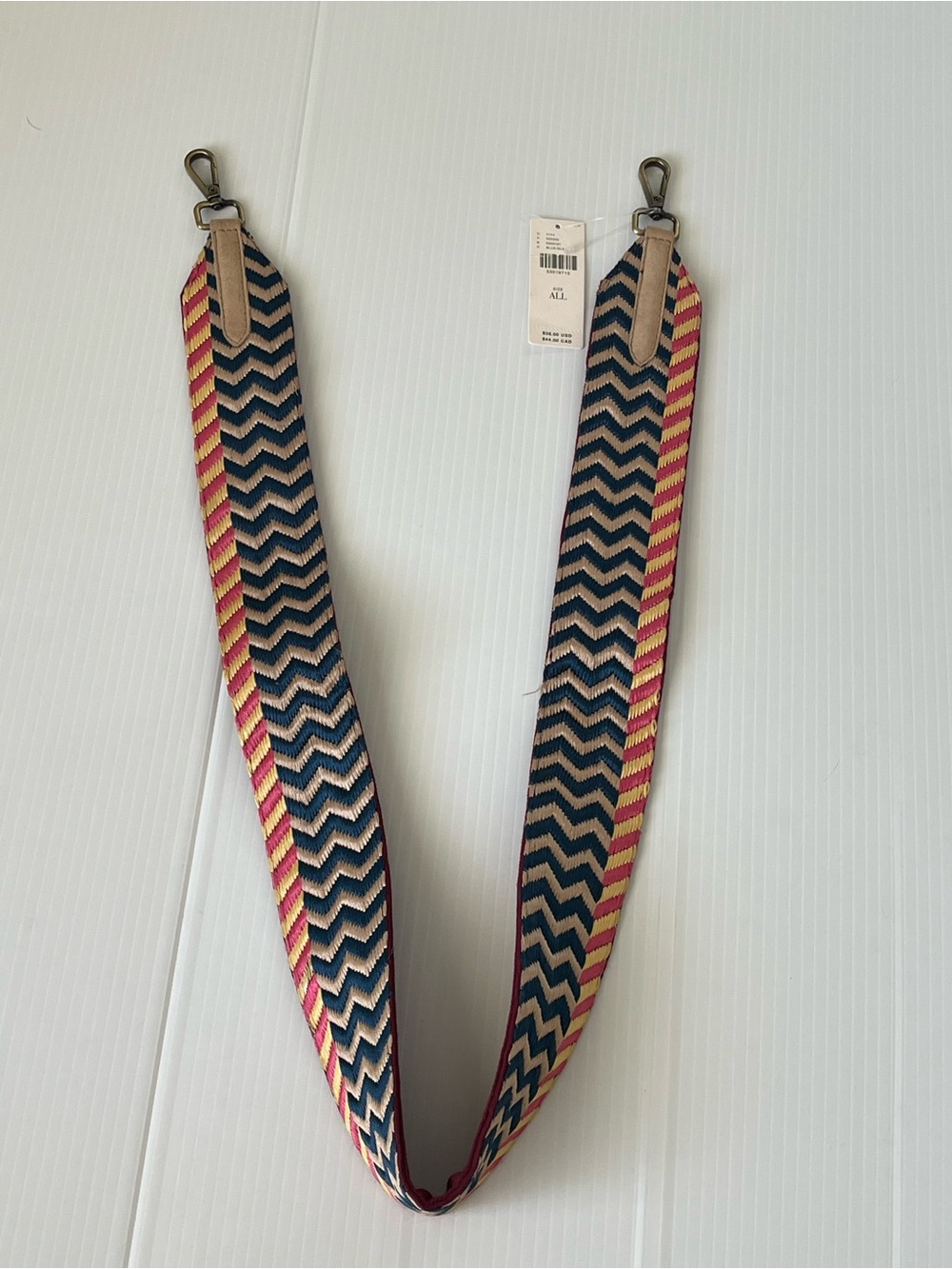 NWTAnthropologie Woven Chevron Pattern Pink Blue 45” Bag Strap With Leather Tabs